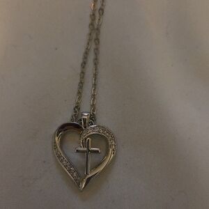 Elegant Silver Heart Pendant Necklace With Silver Cross